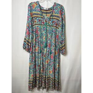 R.Vivimos Women Long Sleeve Floral Print V Neck Tassel Bohemian Midi Dress S 4/6
